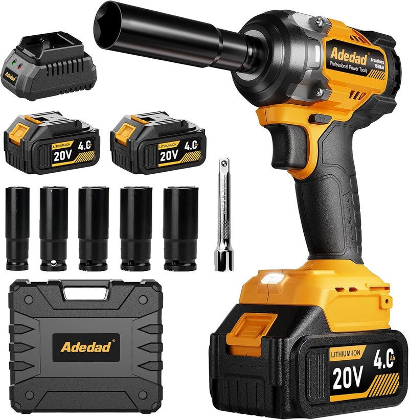 Adedad 1/2 inch Brushless Impact Wrench 750N.m(553 Ft-lbs) 20V High Torque Impact Gun with 2x4.0AH Battery and Fast Charger Cordless Impact Driver for Car,Construction,Building,DIY - Image 1